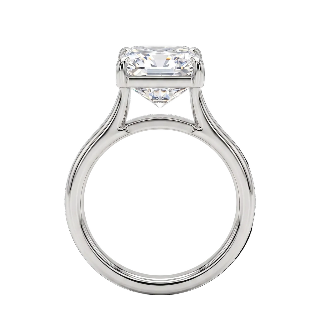 A Platinum Radiant Diamond solitaire ring featuring Radiant Center Lab Grown Diamond shown standing from the side view on a clean white background.