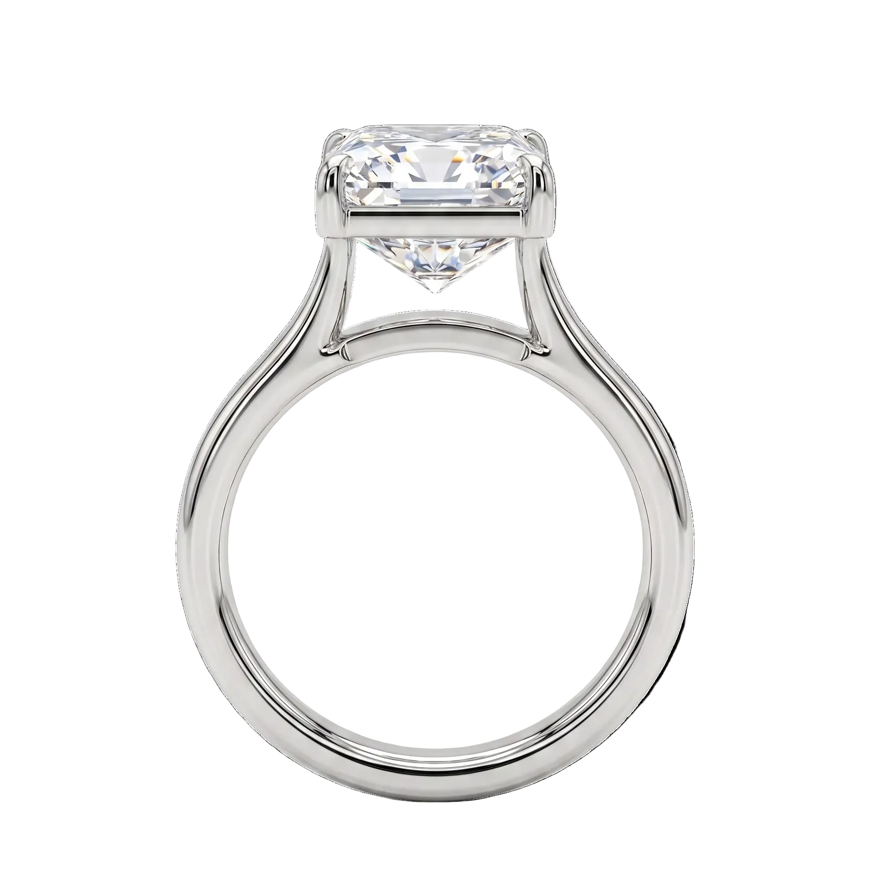 A Platinum Radiant Diamond solitaire ring featuring Radiant Center Lab Grown Diamond shown standing from the side view on a clean white background.
