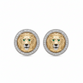 A pair of Lion cufflinks featuring a detailed lion head in gold and silver, with green eyes and a halo of small white diamonds.