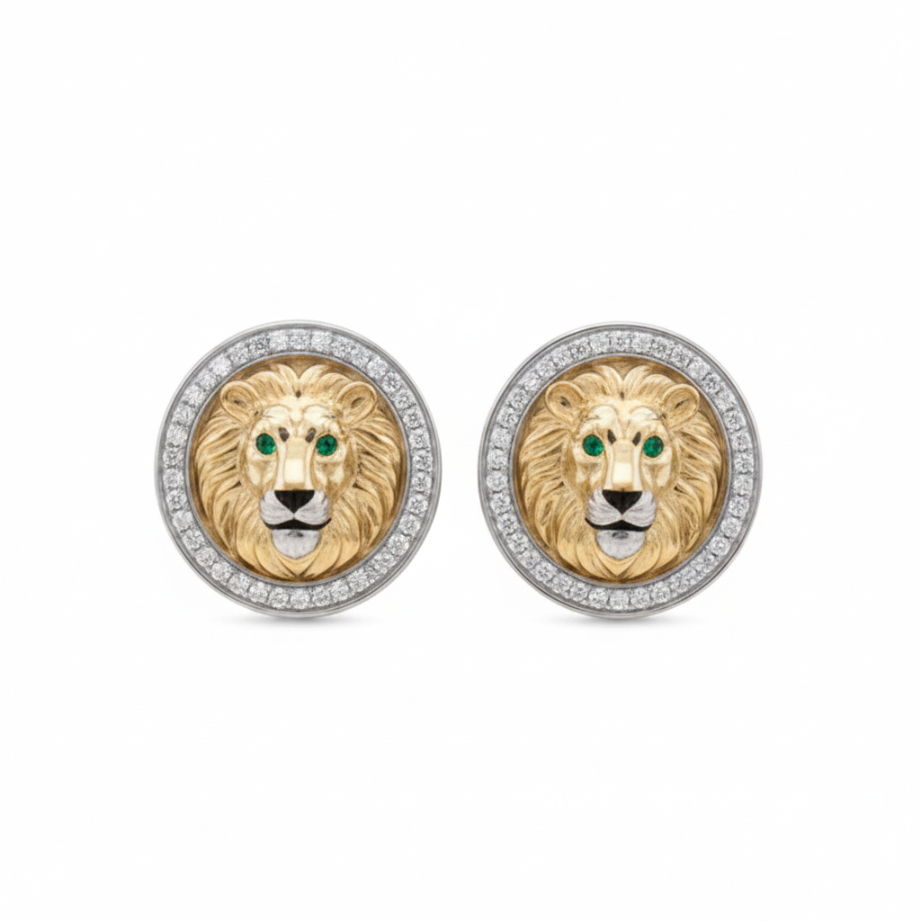 A pair of Lion cufflinks featuring a detailed lion head in gold and silver, with green eyes and a halo of small white diamonds.