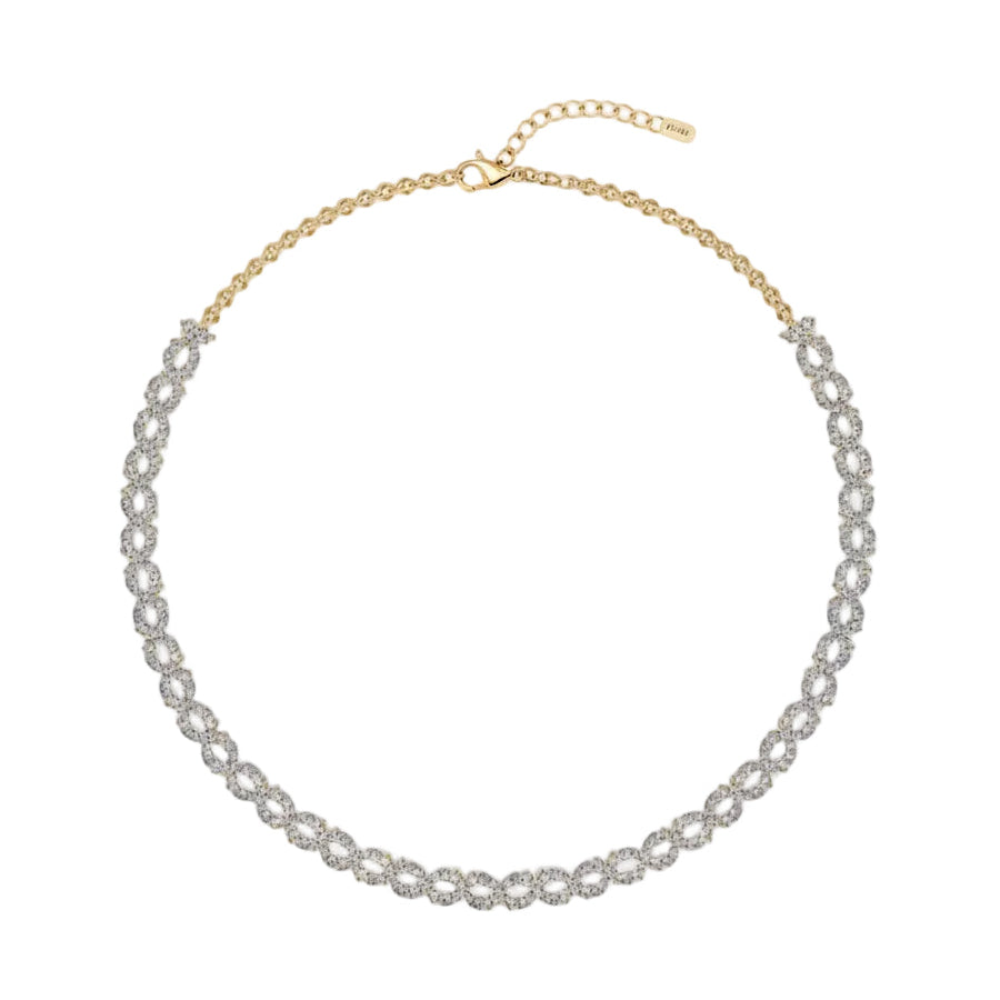 A gold chain necklace with a double row of sparkling clear pavé-set round diamonds in oval shaped design, displayed on a clean white background.
