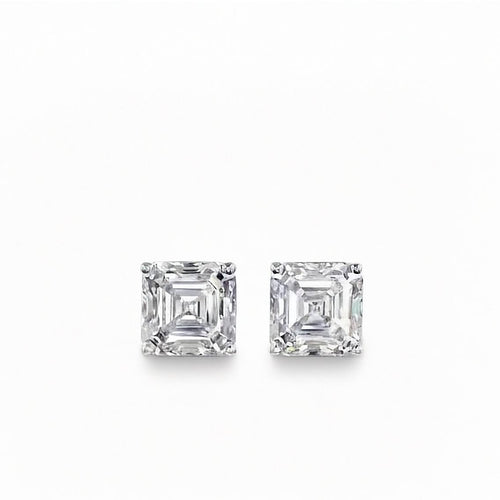 A pair of Inga Fine Jewelry Asscher Cut Diamond Stud Earrings in 14k White Gold 1.54ctw Lab Grown shown in white background.