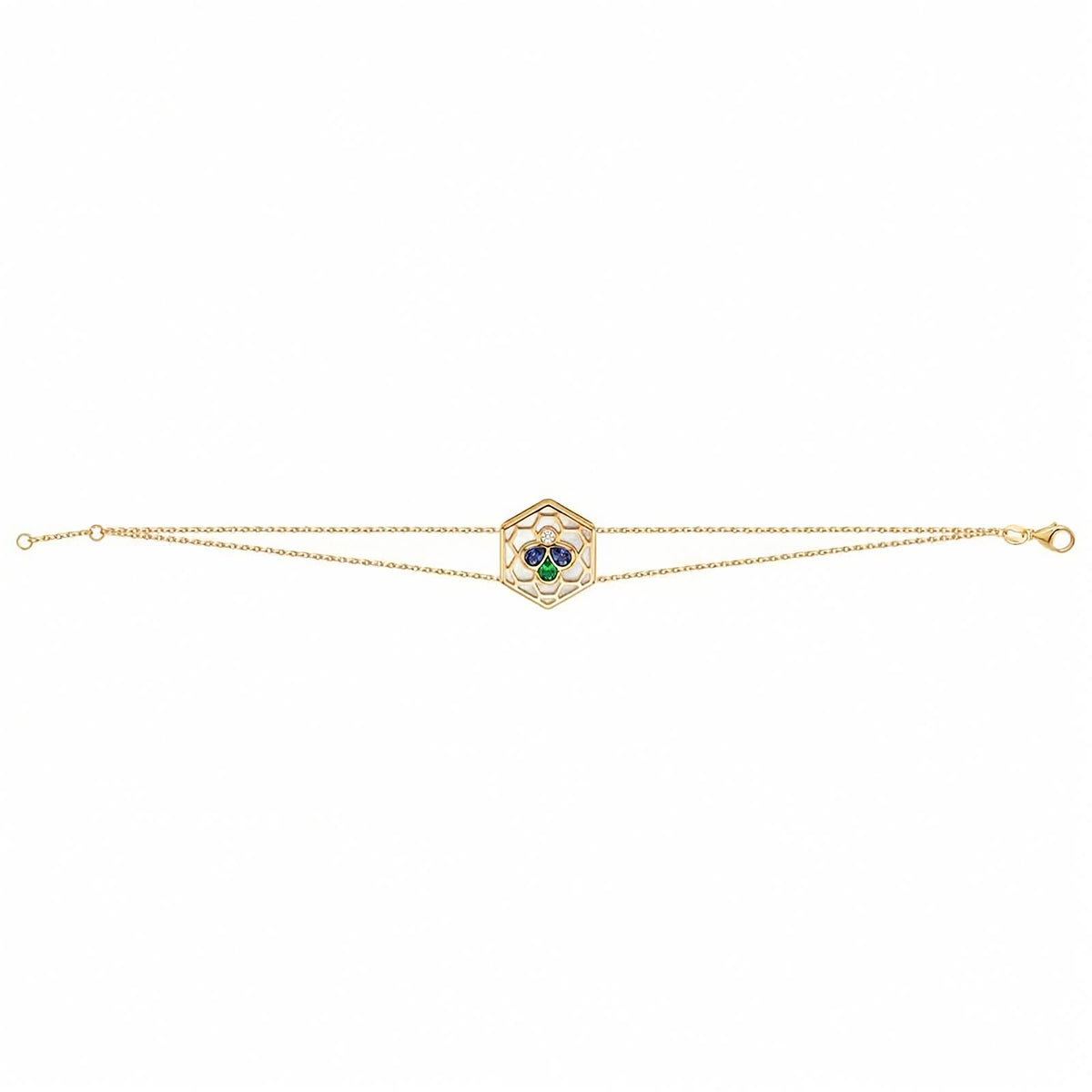 Bee Icon 18k yellow gold station bracelet with iolite, tsavorite, mother of pearl, and diamond set against a plain white background.