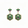 A pair of gold drop earrings featuring Bee Icon 18k yellow gold earrings with tsavorite, rhodolite garnet, malachite, and diamonds shown on a white lain backround.