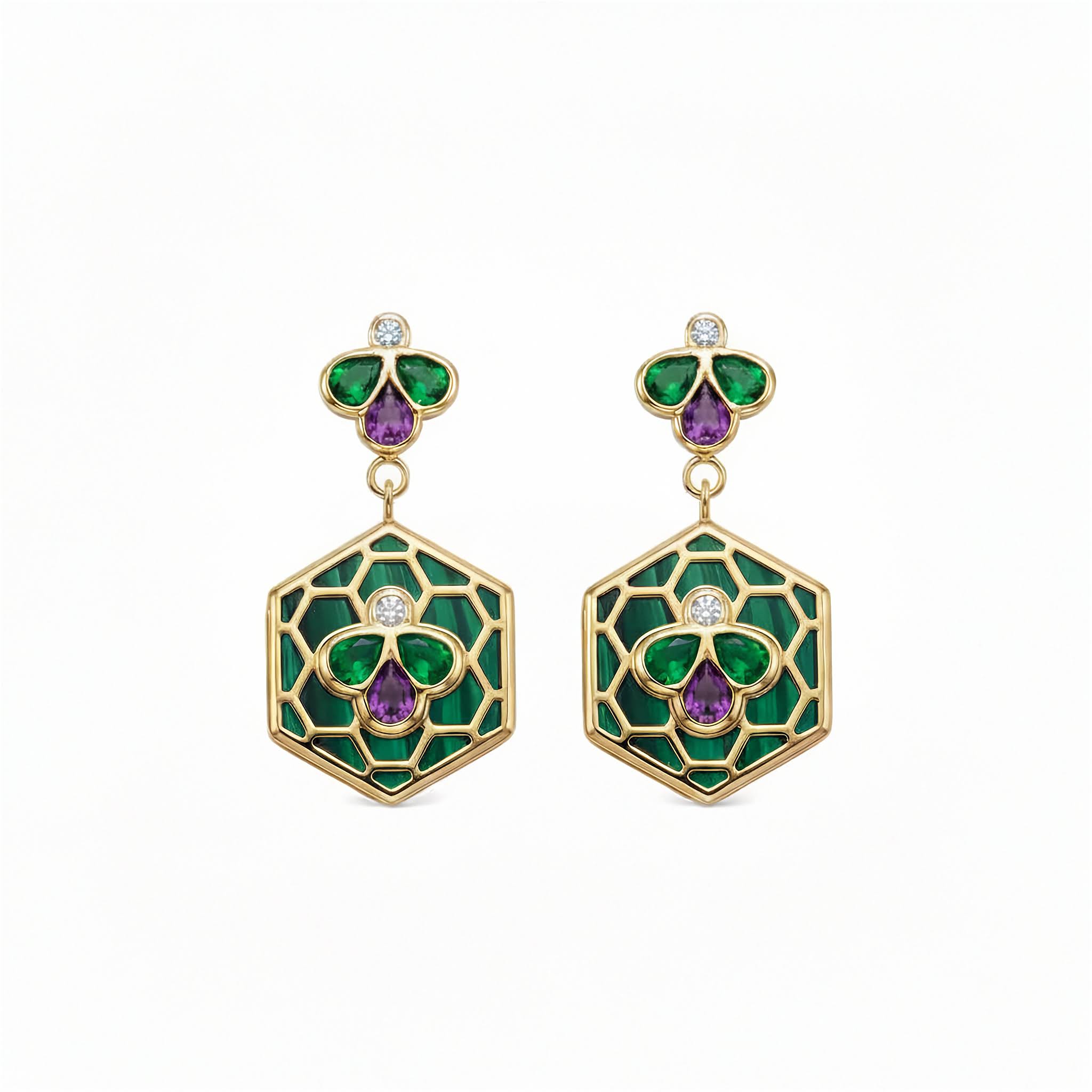A pair of gold drop earrings featuring Bee Icon 18k yellow gold earrings with tsavorite, rhodolite garnet, malachite, and diamonds shown on a white lain backround.