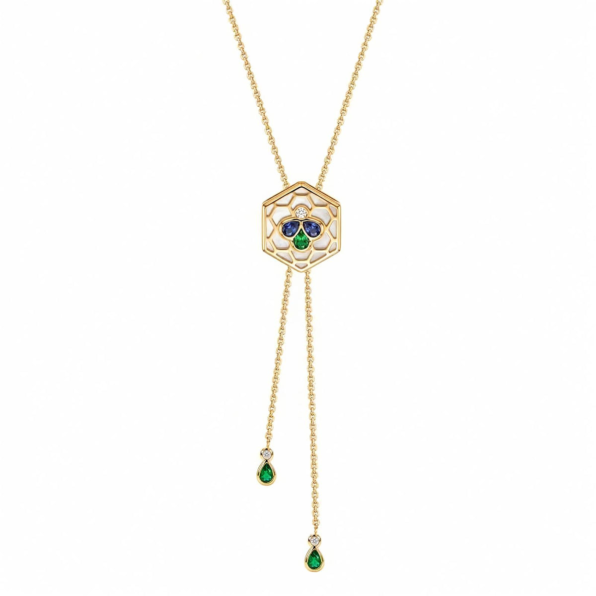 A yellow gold chain necklace with a hexagonal pendant featuring a Bee Icon 18k yellow gold charm with iolite, tsavorite, mother of pearl, and diamond shown on a plain white background.