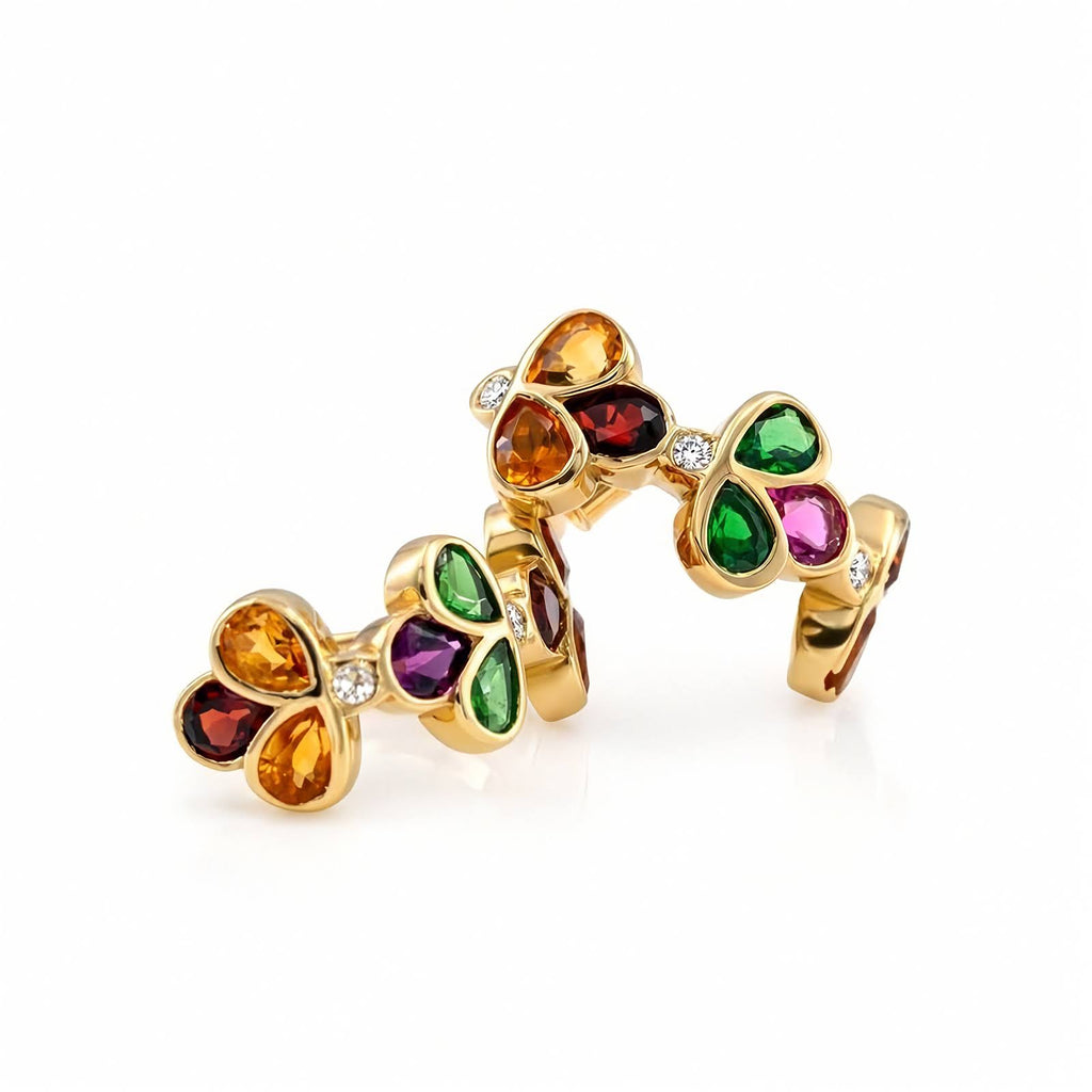 A pair of gold Bee design earrings embellished with colorful gemstones including orange, green, purple, and red, accented with small round diamonds, shown on a white background.