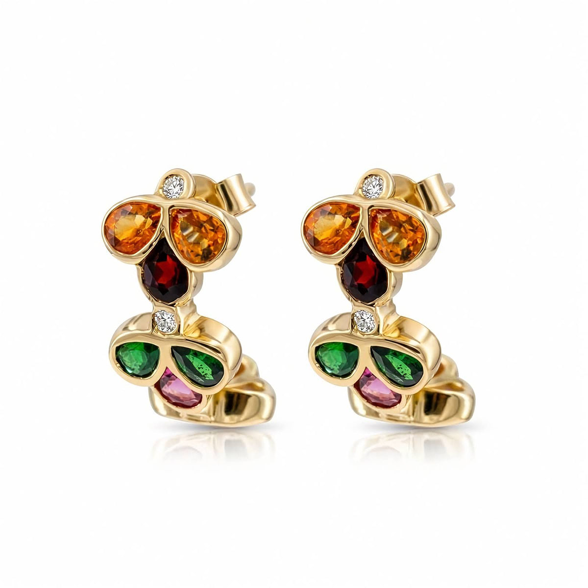 A pair of gold bee earrings embellished with colorful gemstones including orange, green, purple, and red, accented with small white diamonds, shown on a white background.