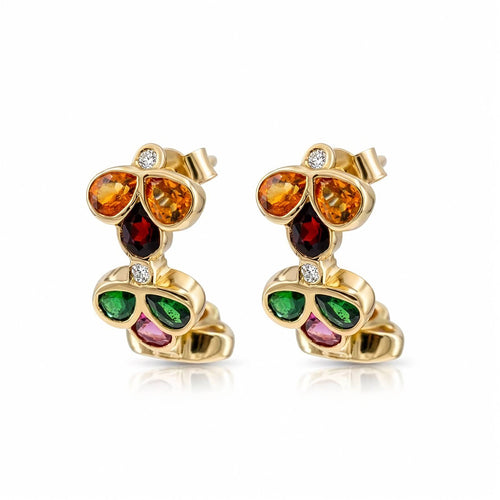 A pair of gold bee earrings embellished with colorful gemstones including orange, green, purple, and red, accented with small white diamonds, shown on a white background.