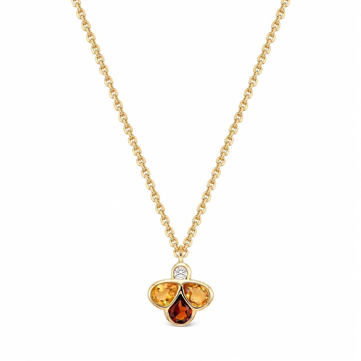 Bee The One 18k yellow gold necklace with citrine quartz, garnet, and diamond shown on a plain white background.