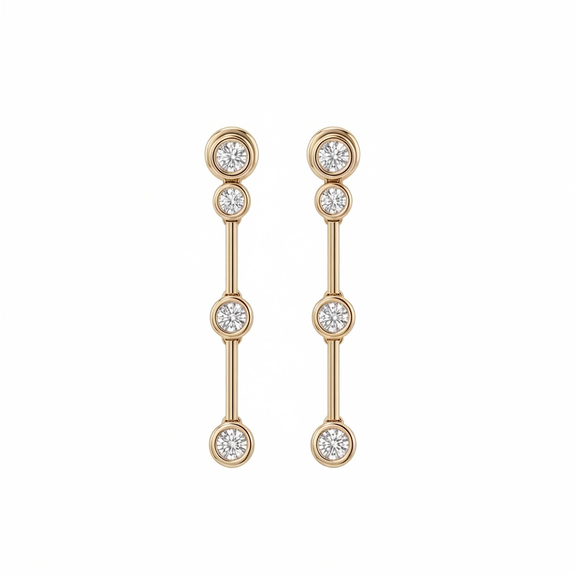 A pair of gold bezel set drop earrings with four round-cut lab grown diamonds on each earring, displayed against a solid white background.