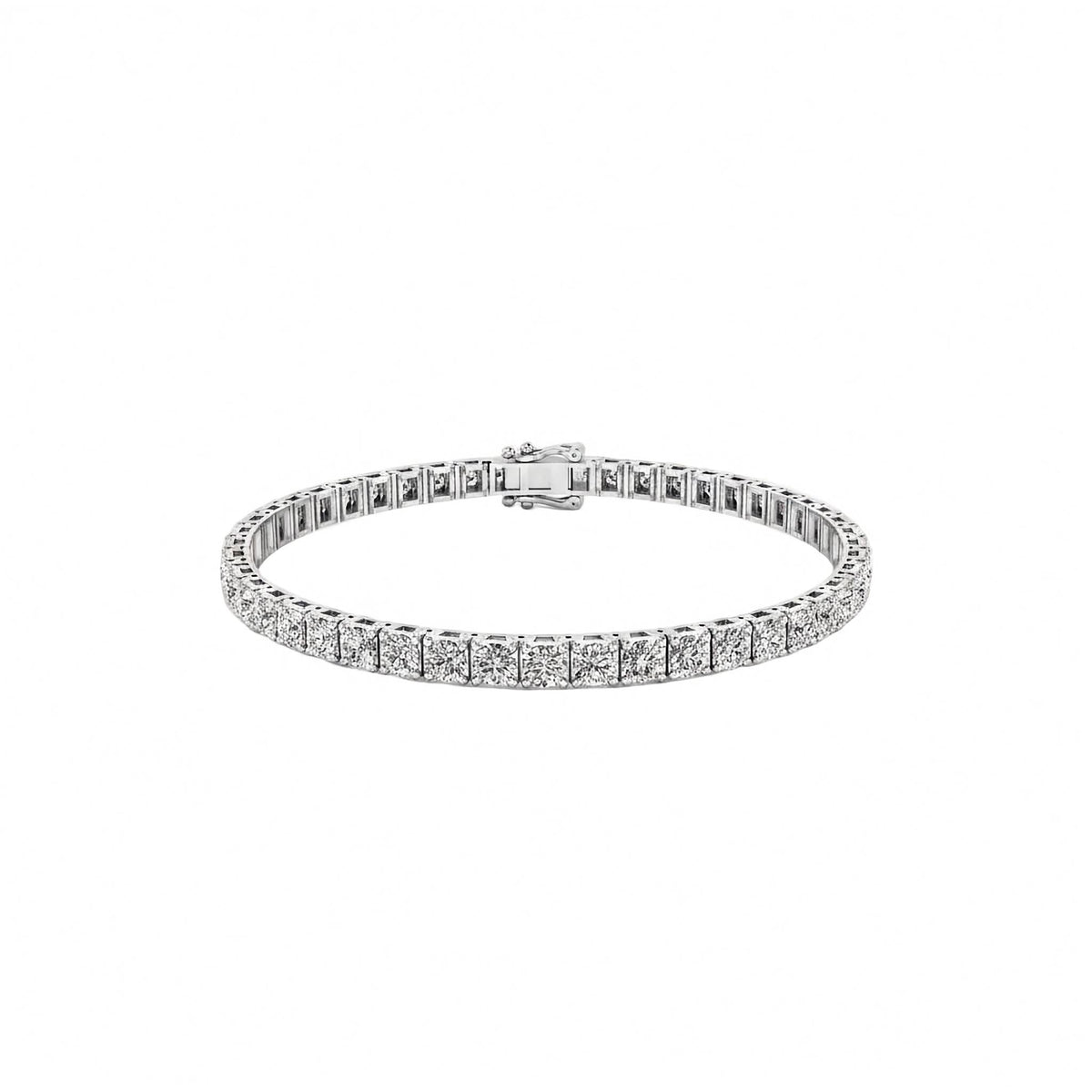 Classic 14k white gold round lab diamond tennis bracelet available in 3ct 5ct and 7ct total weight. White Gold Diamond bracelet on a white background.
