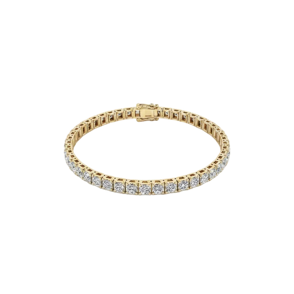 Classic 14k yellow gold round lab diamond tennis bracelet available in 5ct and 7ct total weight on a white background.