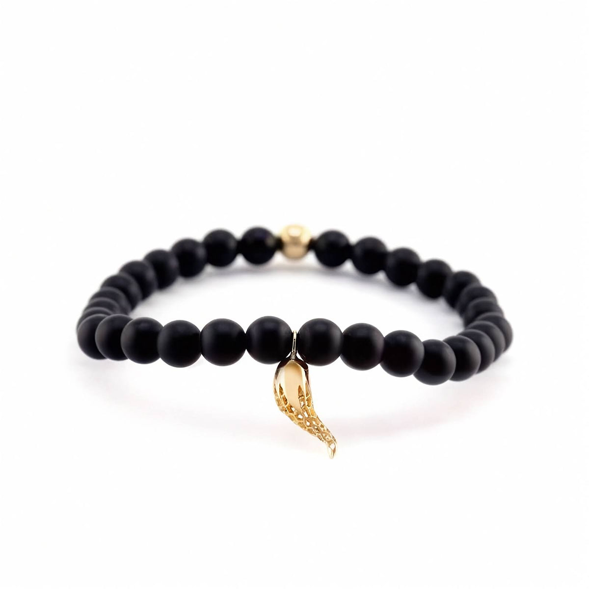 18k Yellow Gold Rosmundo Italian Corno Charm Bracelet with Matte Onyx Beads. A beaded bracelet featuring matte black round beads, a small gold spacer bead, and a textured gold horn charm, displayed on a clean white background.