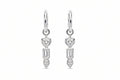 Inga Fine Jewelry 18k White Gold Romantic Geometry Lab Grown Diamond Earrings.White Gold bezel set drop earrings with heart and baguette cut and pear diamonds on a white background.