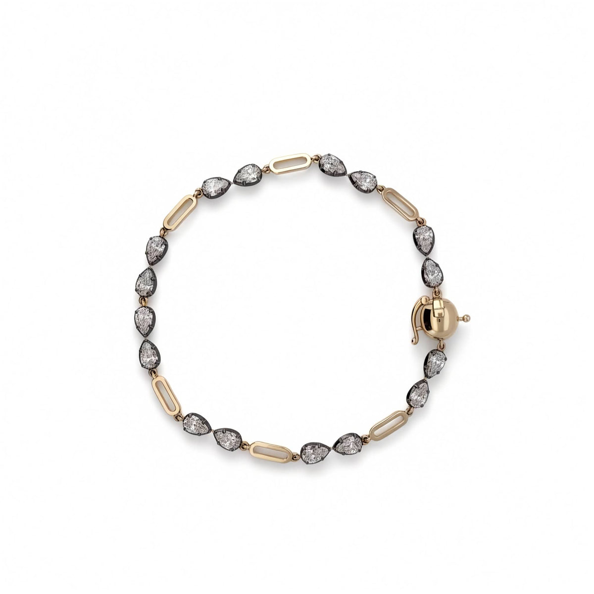 Inga Essentials 3.12ctw pear cut lab grown diamond link bracelet in 14k yellow and blackened gold ON WHITE BACKGROUND.