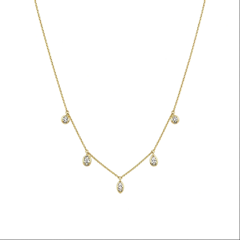 18k yellow gold 1.00 ctw multi-shape bezel-set lab diamond station chain necklace. Yellow Gold necklace with small drop bezel set diamonds on a white background.