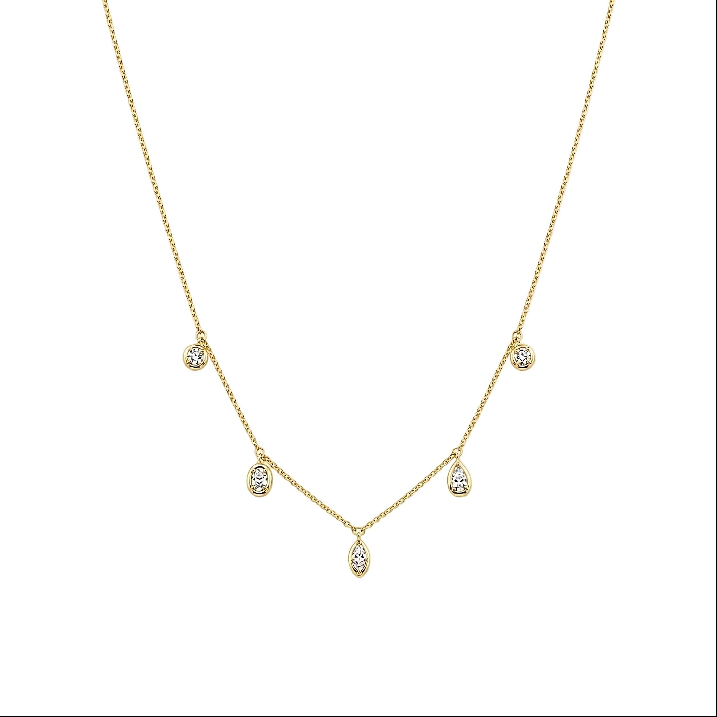 18k yellow gold 1.00 ctw multi-shape bezel-set lab diamond station chain necklace. Yellow Gold necklace with small drop bezel set diamonds on a white background.