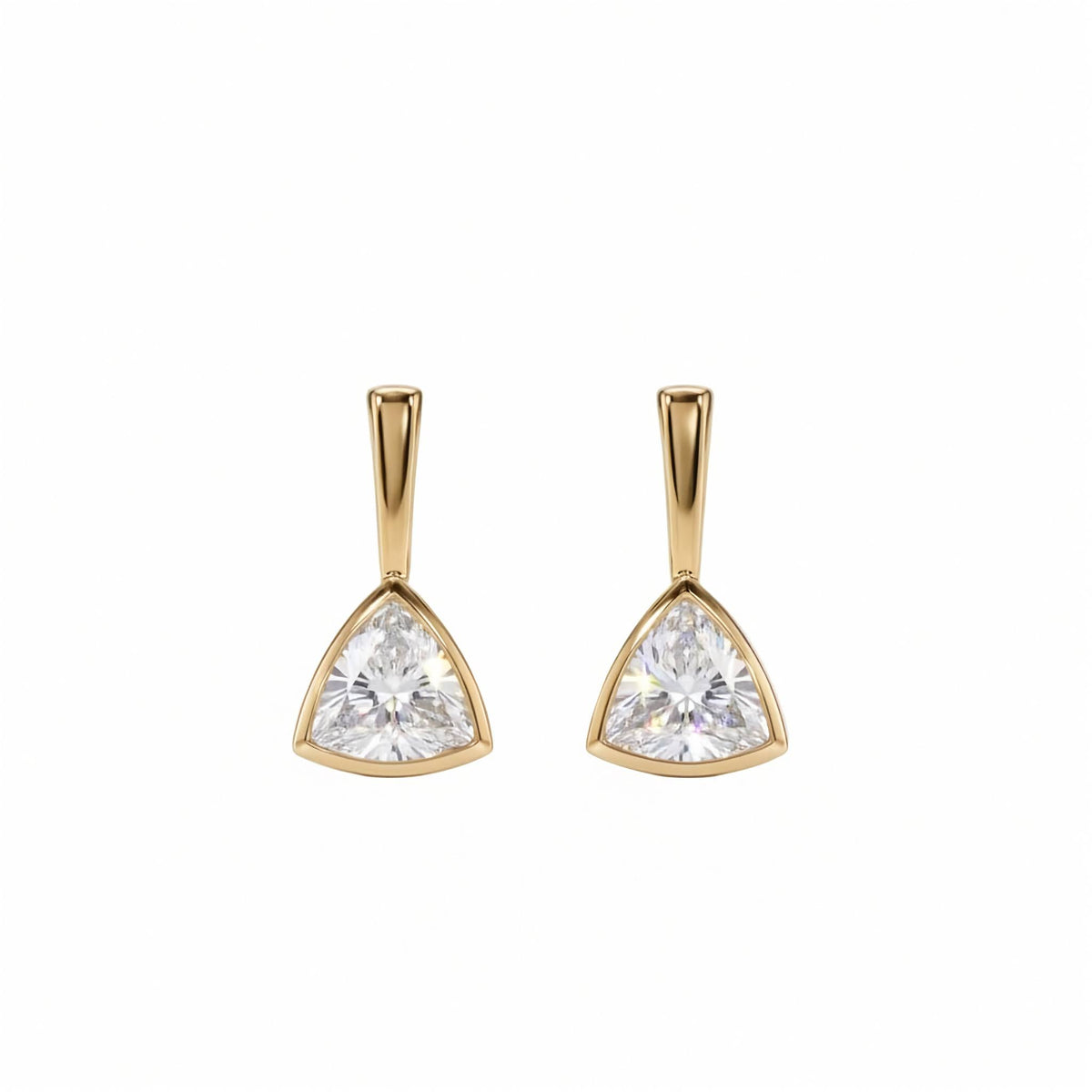 Inga Fine Jewelry signature 4.67 ctw trillion cut lab diamond bezel dangle earrings in 18k yellow gold. A pair of gold triangular stud /drop earrings set with trillian cut diamond, displayed on a clean white surface.