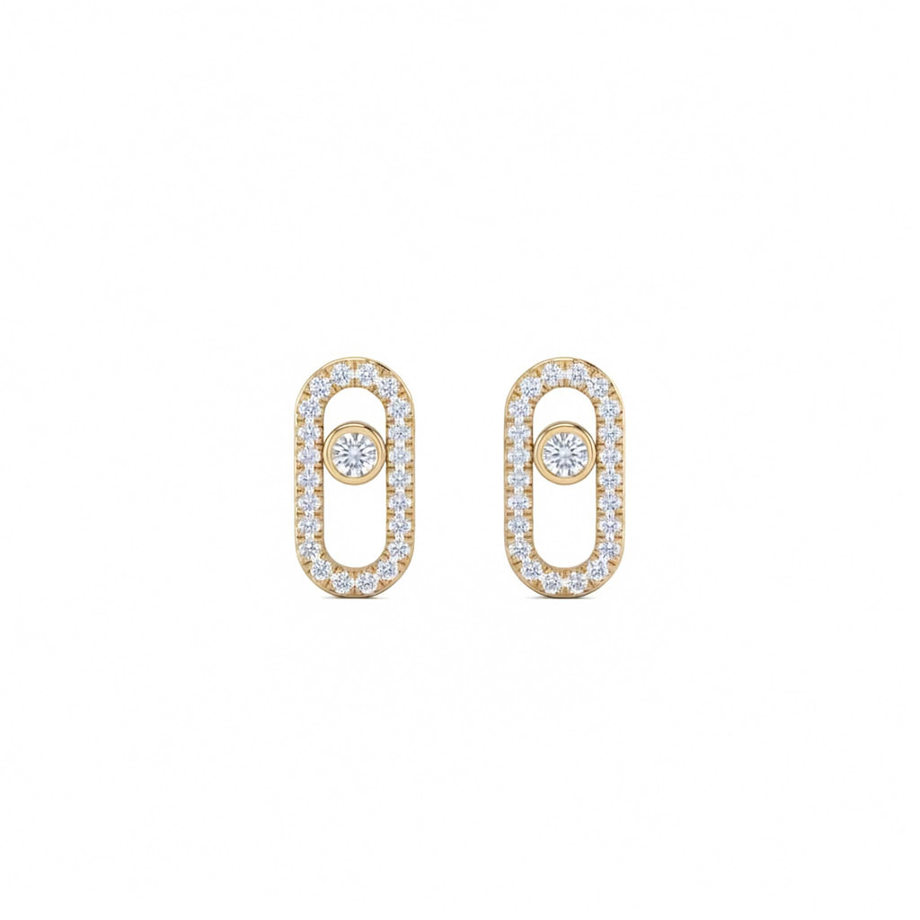 14k yellow gold oval frame stud earrings set with 1.90 ctw pave lab diamonds and floating bezel center. A pair of gold post earrings with oval-shaped pavé settings and a central round-cut stone, shown against a plain white background showing from the front.