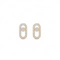 14k yellow gold oval frame stud earrings set with 1.90 ctw pave lab diamonds and floating bezel center. A pair of gold post earrings with oval-shaped pavé settings and a central round-cut stone, shown against a plain white background showing from the front.