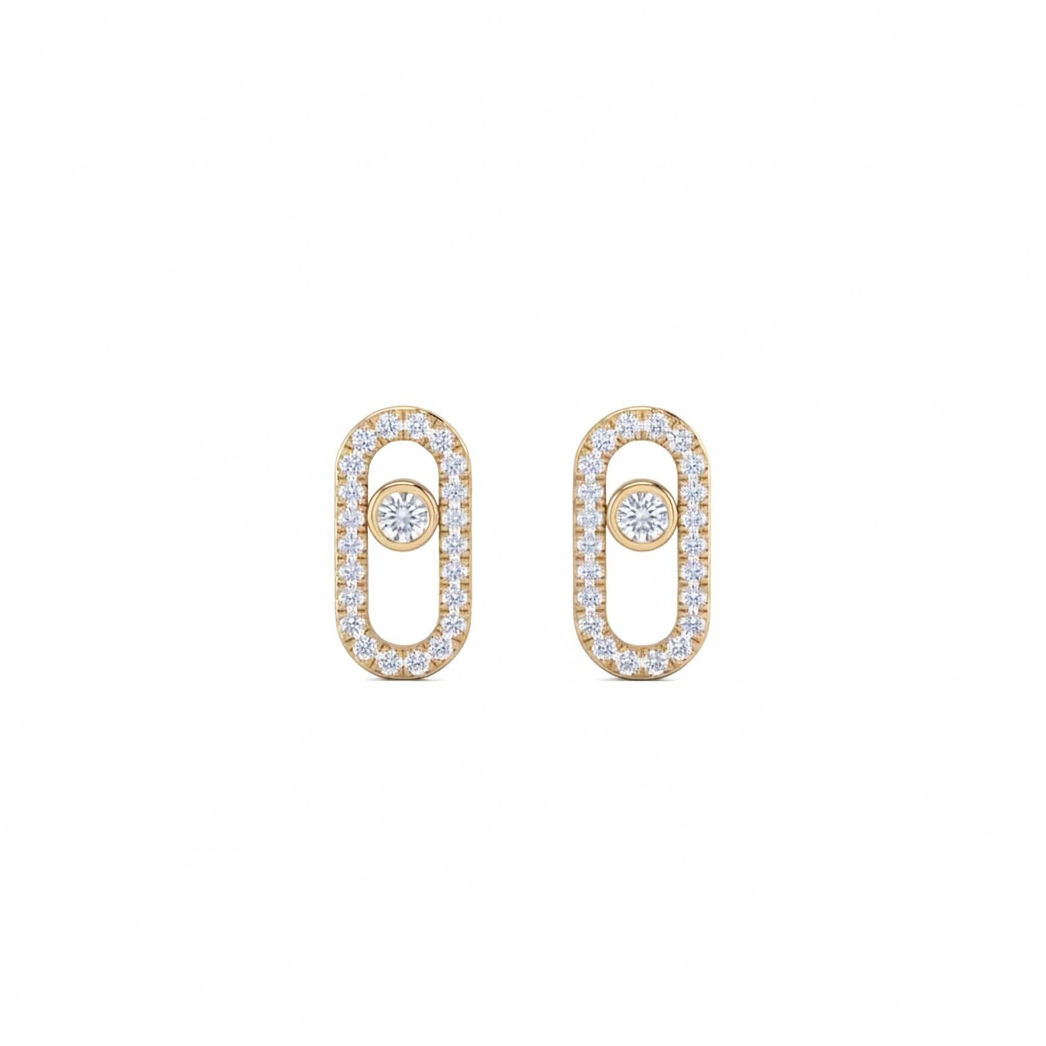 14k yellow gold oval frame stud earrings set with 1.90 ctw pave lab diamonds and floating bezel center. A pair of gold post earrings with oval-shaped pavé settings and a central round-cut stone, shown against a plain white background showing from the front.
