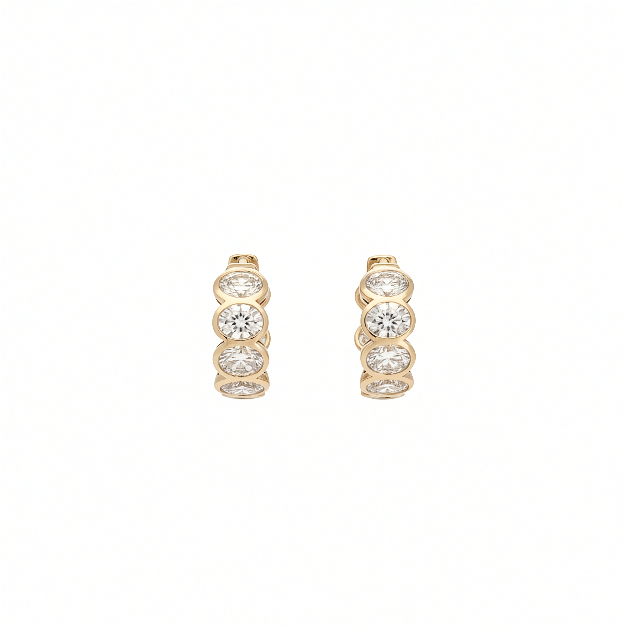 14K yellow gold bezel set oval lab grown diamond huggie hoop earrings 3.61 ctw front view Inga Fine Jewelry on white background.