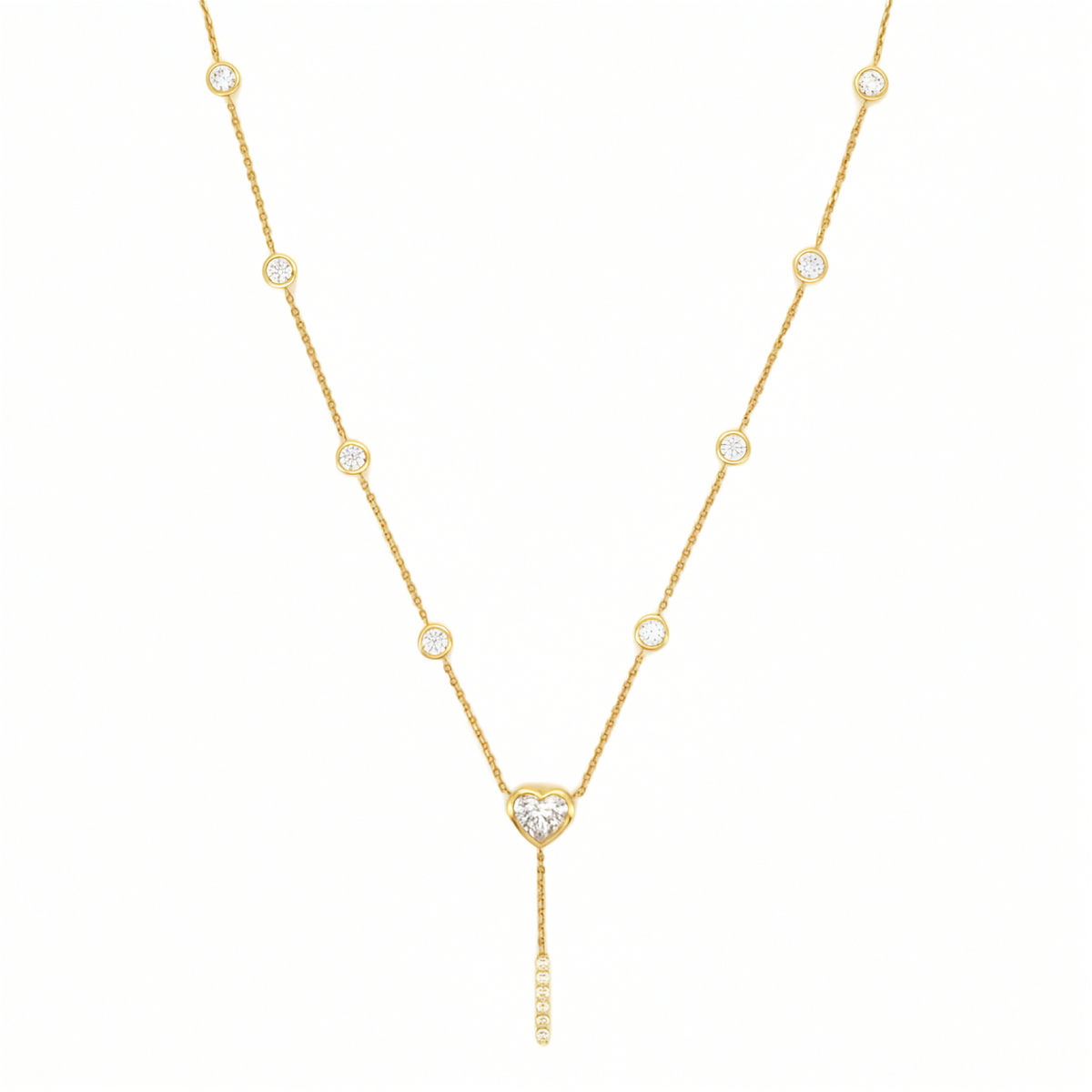 14K yellow gold heart diamond lariat necklace with bezel set station diamonds and pave drop bar on white background.