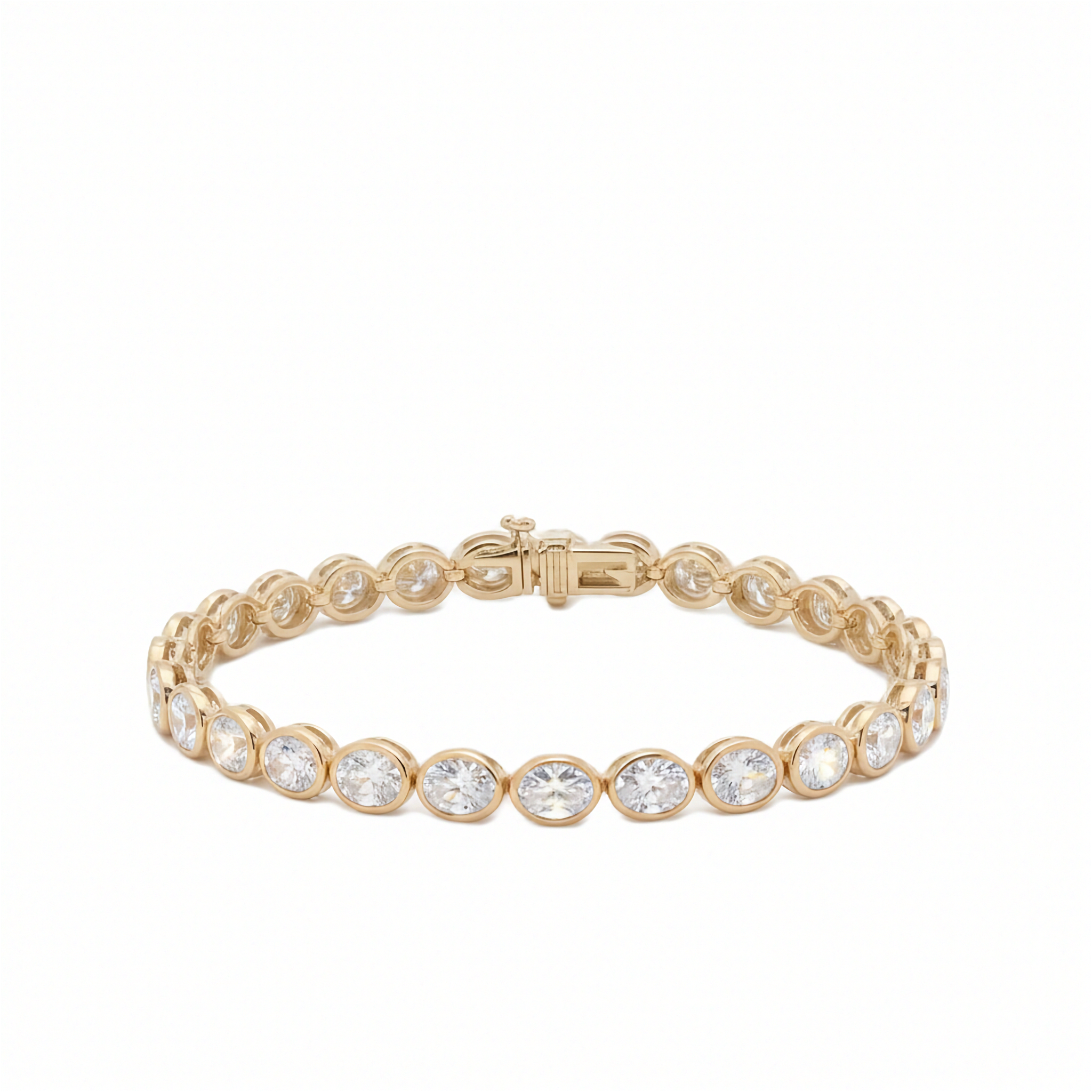14K yellow gold bezel set oval lab grown diamond tennis bracelet 10.70 ctw Inga Fine Jewelry on white background.