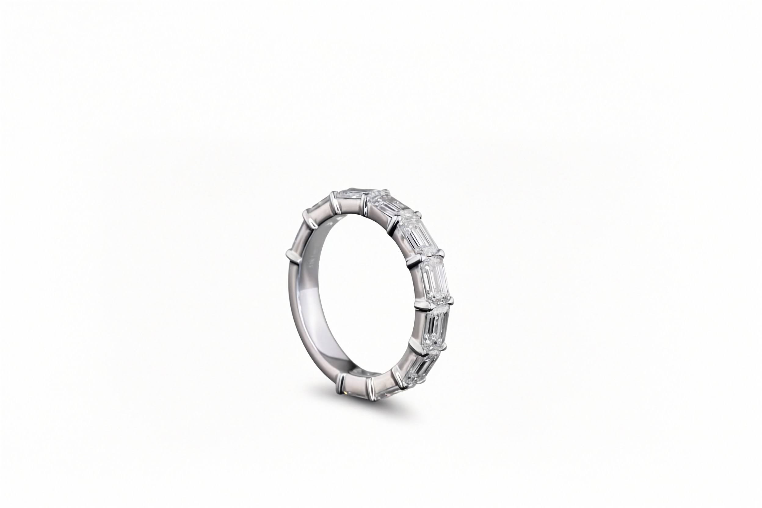 A white gold band ring featuring a row of lab grown emerald-cut diamonds, shown from a side profile on a clean white background. 3/4 all way around the band.