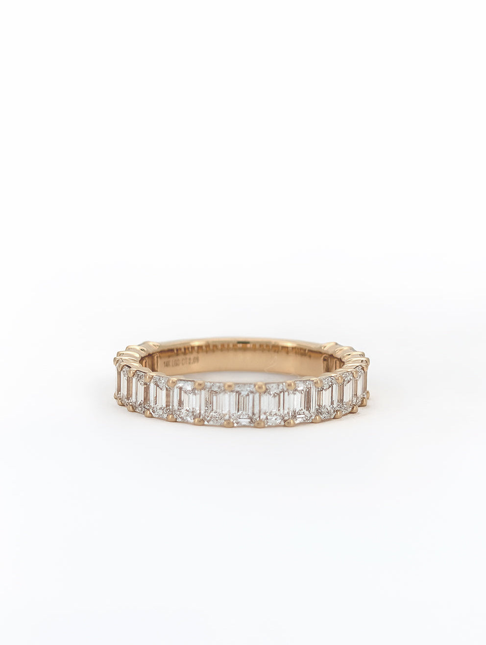 Emerald cut lab diamond 3/4 eternity band 2.09 ctw in 14k yellow gold front on a white background.