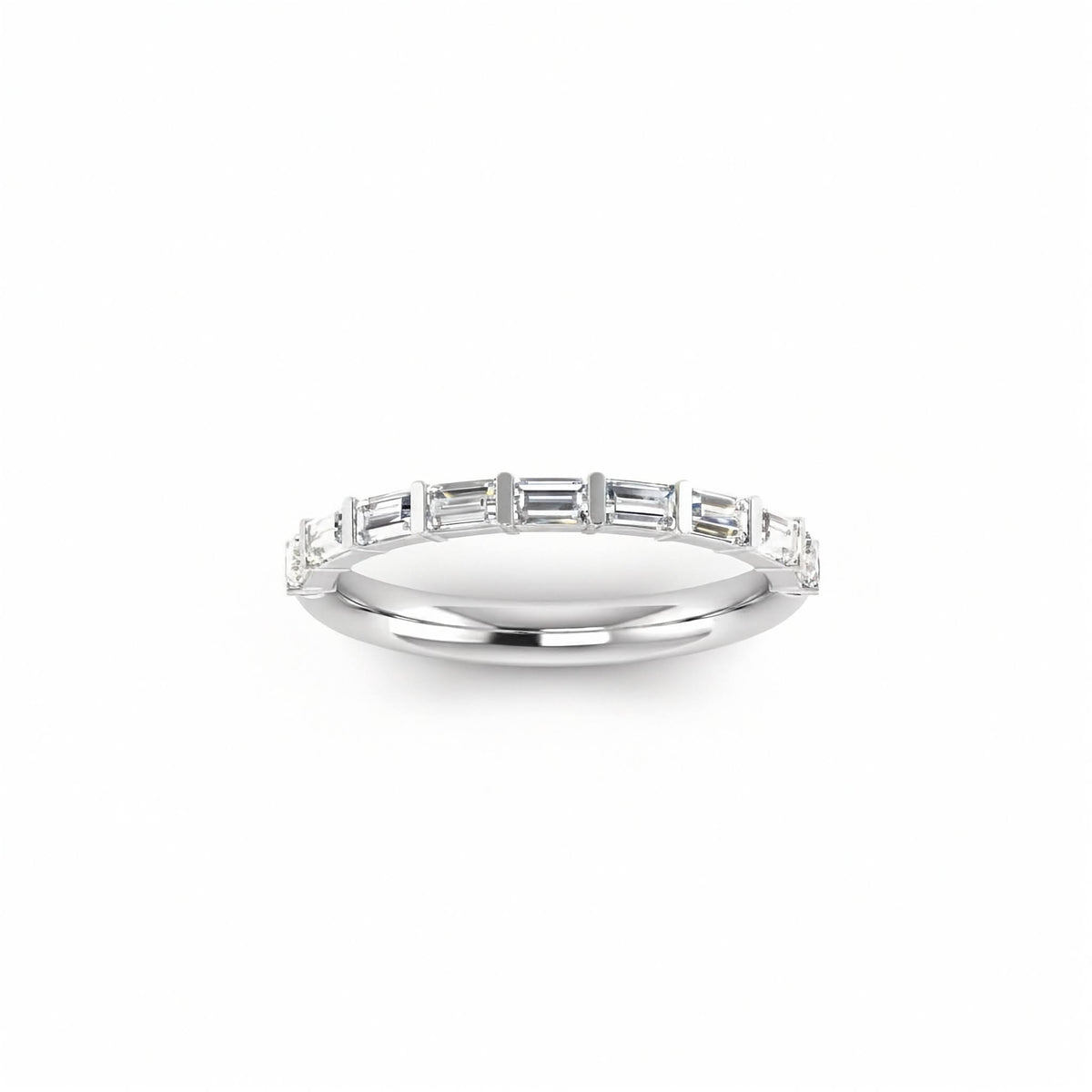 A Platinum band ring featuring a row of baguette-cut lab grown diamonds, shown against a plain white background.