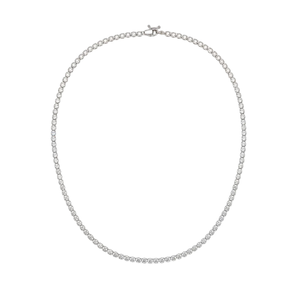 White gold Tennis Necklace agains the plain white background.