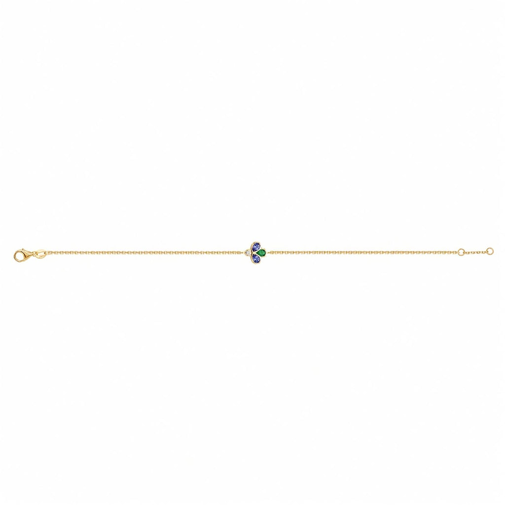 Bee The One 18k yellow gold station bracelet with iolite, tsavorite, and diamond shown full length on a white background.