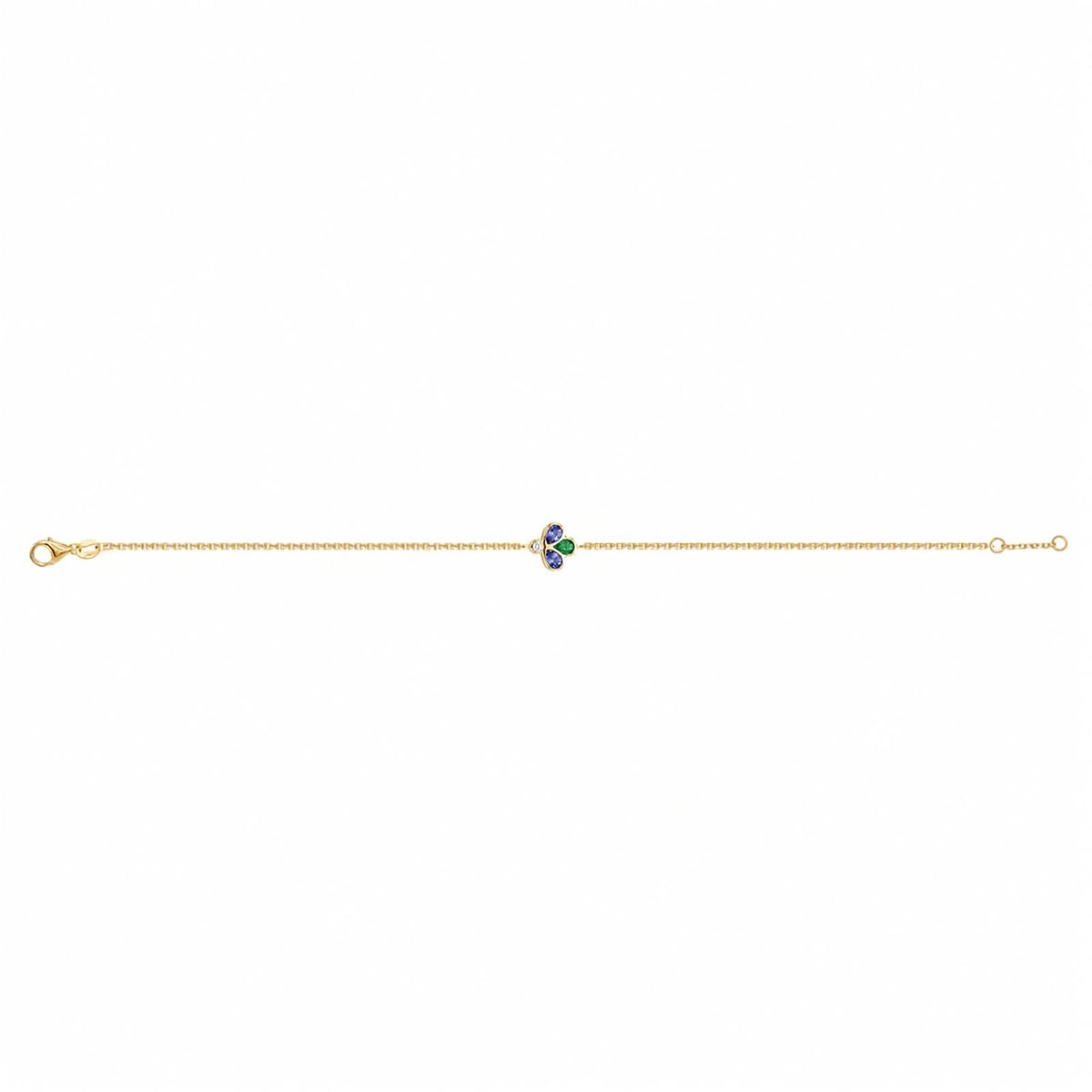 Bee The One 18k yellow gold station bracelet with iolite, tsavorite, and diamond shown full length on a white background.
