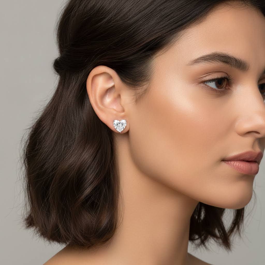 2ct Heart-Cut Lab-Grown Diamond Stud Earrings in 14k White Gold shown on model.