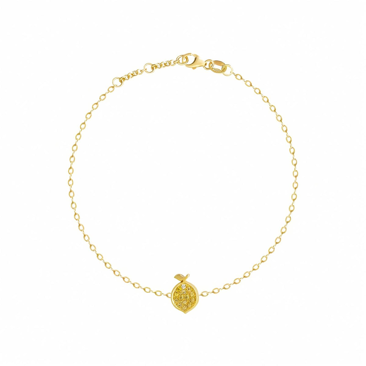 18k Gold Lemon Chain Bracelet with Yellow Sapphires and Diamonds. A delicate yellow gold chain bracelet with a small round pavé-set gold lemon charm, displayed on a clean white background.