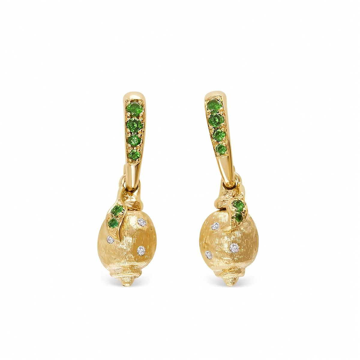 Limoni 18k Gold Lemon Drop Earrings with Natural Diamonds and Tsavorites shown in a white background.