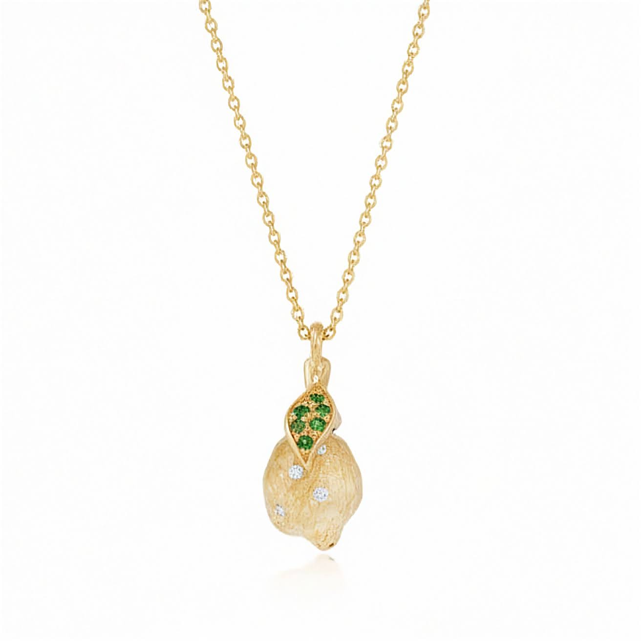 Limoni Large Gold Lemon Pendant Necklace in 18k Yellow Gold with Diamonds and Tsavorites shown on white background.