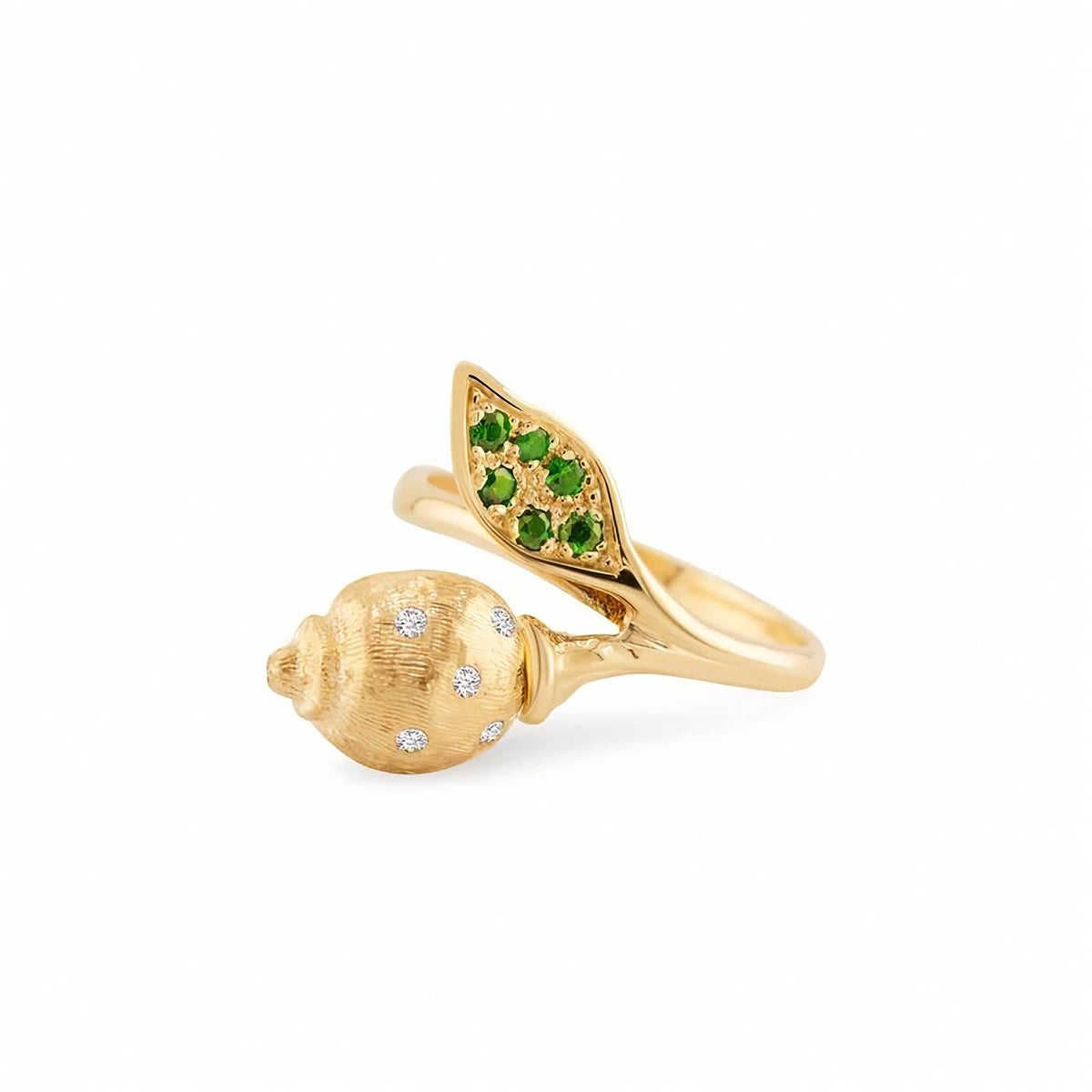 Limoni 18k Gold Lemon Fruit Ring with Natural Diamonds and Tsavorites shown on a plain white background.