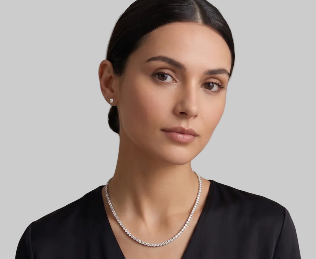 White gold Tennis Necklace on a model.