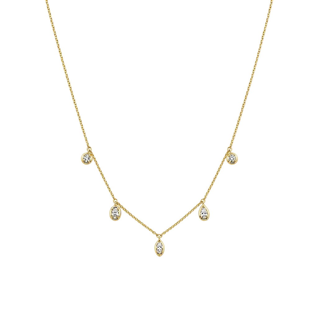 Yellow Gold necklace with small drop bezel set diamonds on a white background.

