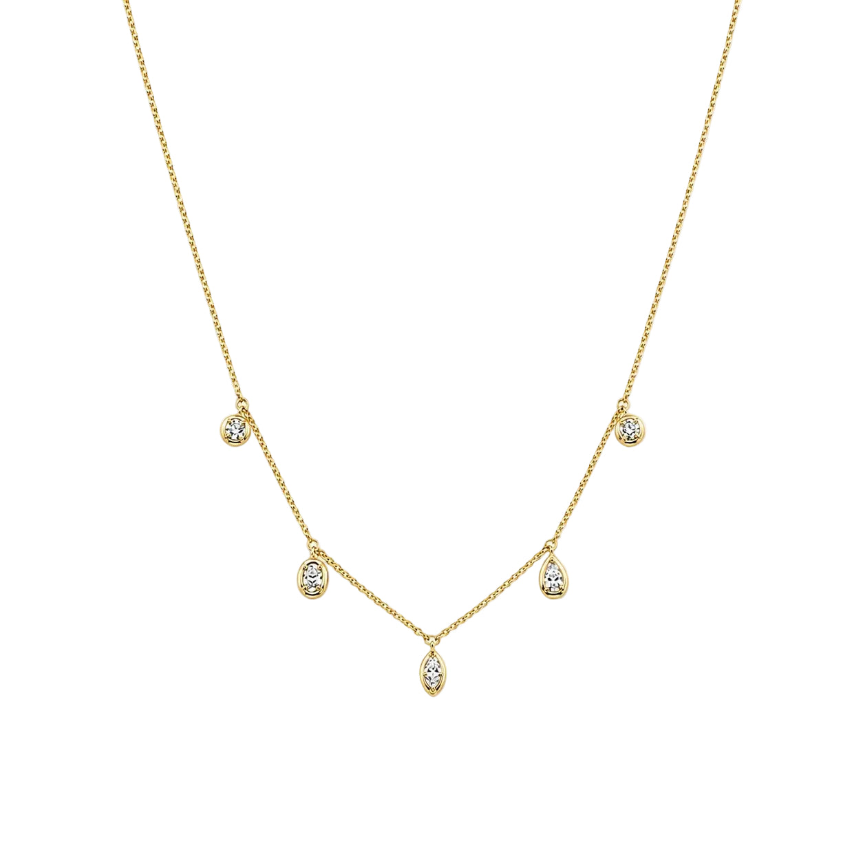 Yellow Gold necklace with small drop bezel set diamonds on a white background.


