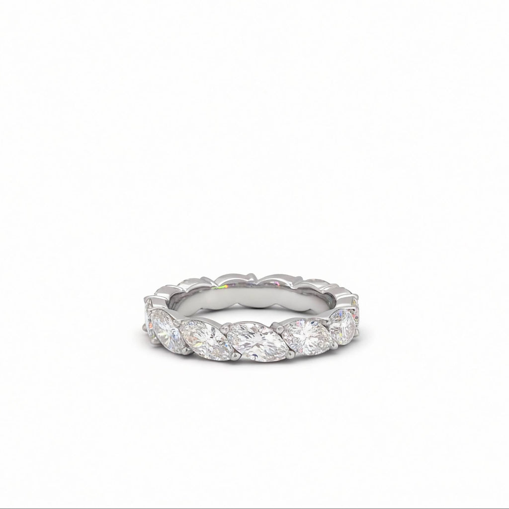 14k White Gold Marquise Cut Lab Grown Diamond Eternity Band 3.35 CTW on white background.