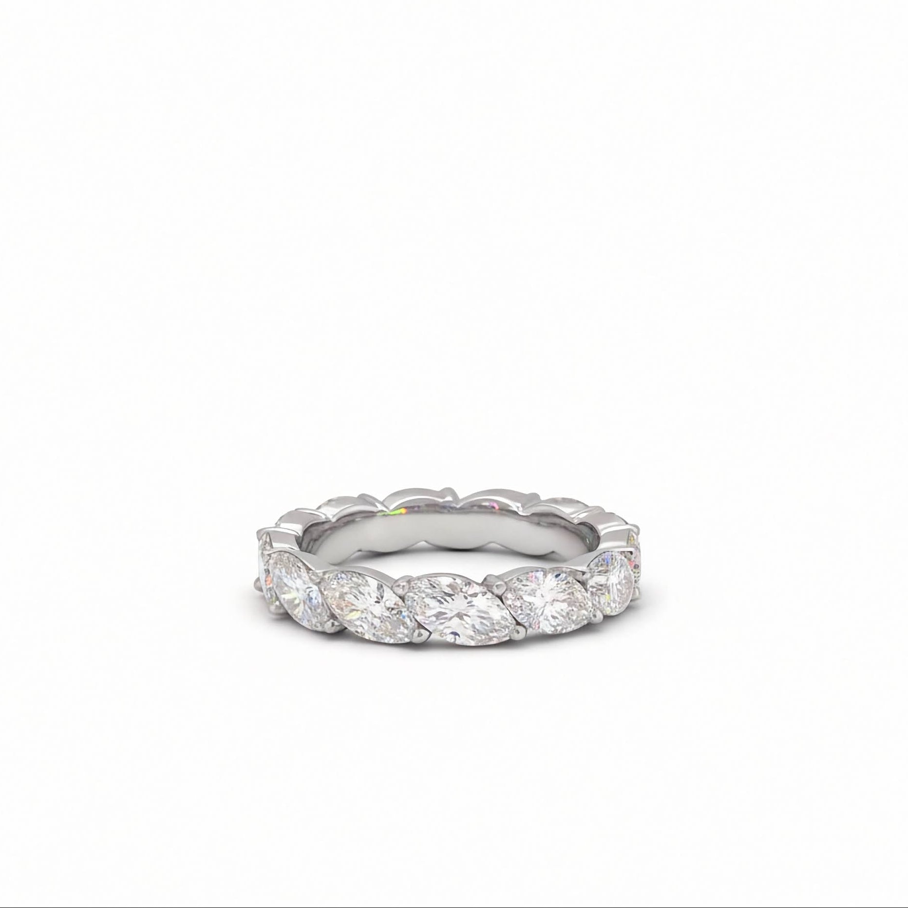 14k White Gold Marquise Cut Lab Grown Diamond Eternity Band 3.35 CTW on white background.