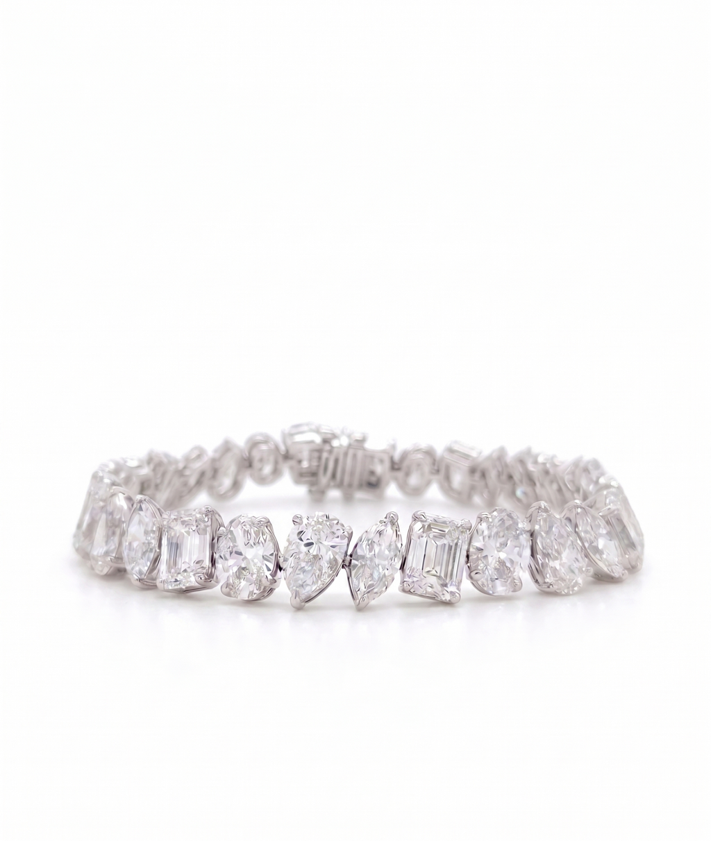 Inga Fine Jewelry 14k White Gold Multi Shape Lab Grown Diamond Bracelet 30.79ctw shown on a white background.