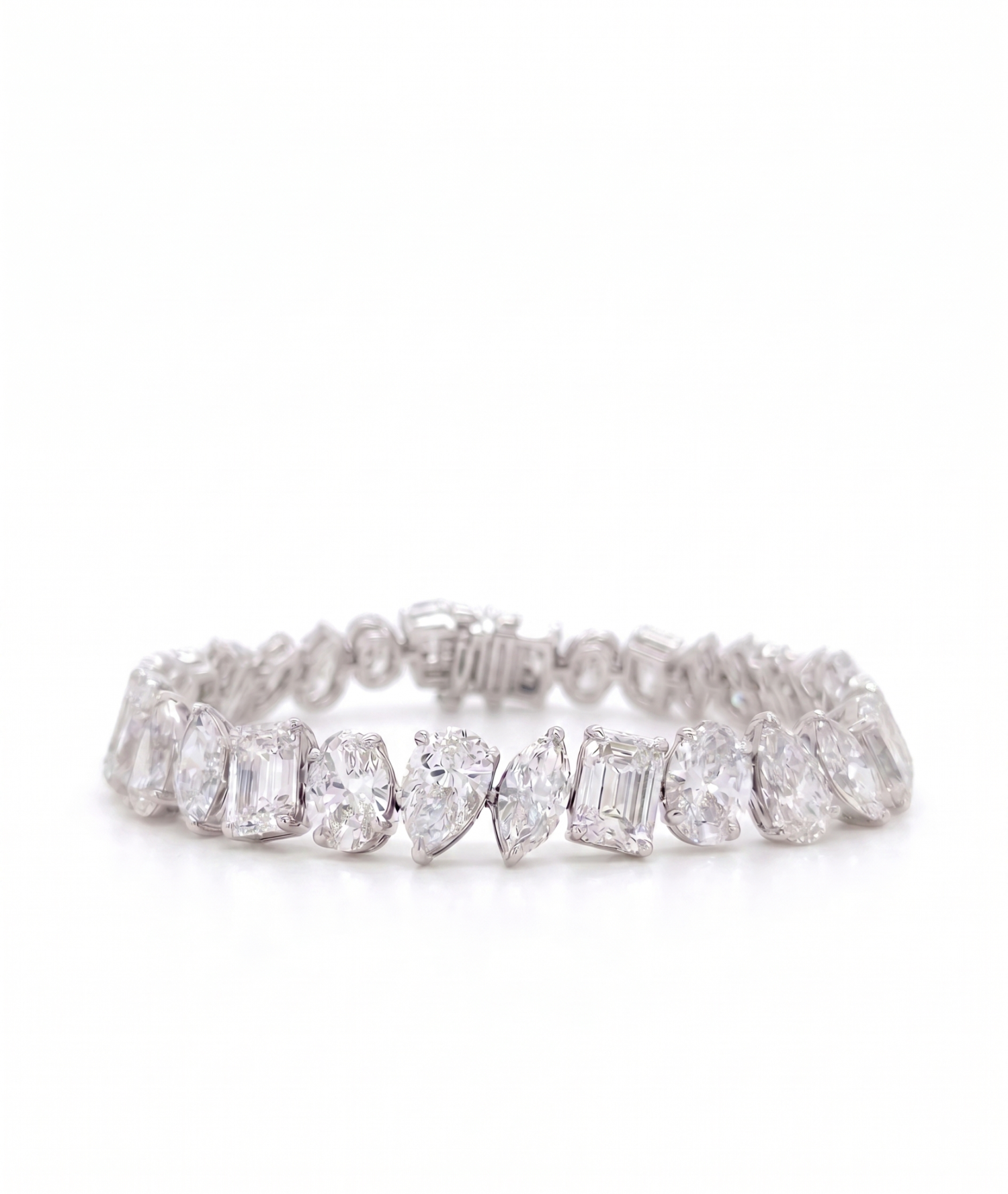 Inga Fine Jewelry 14k White Gold Multi Shape Lab Grown Diamond Bracelet 30.79ctw shown on a white background.