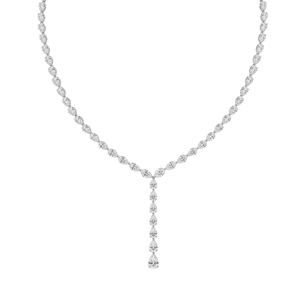 14k white gold 12.00 ctw pear-cut lab diamond riviera drop necklace on a white background.