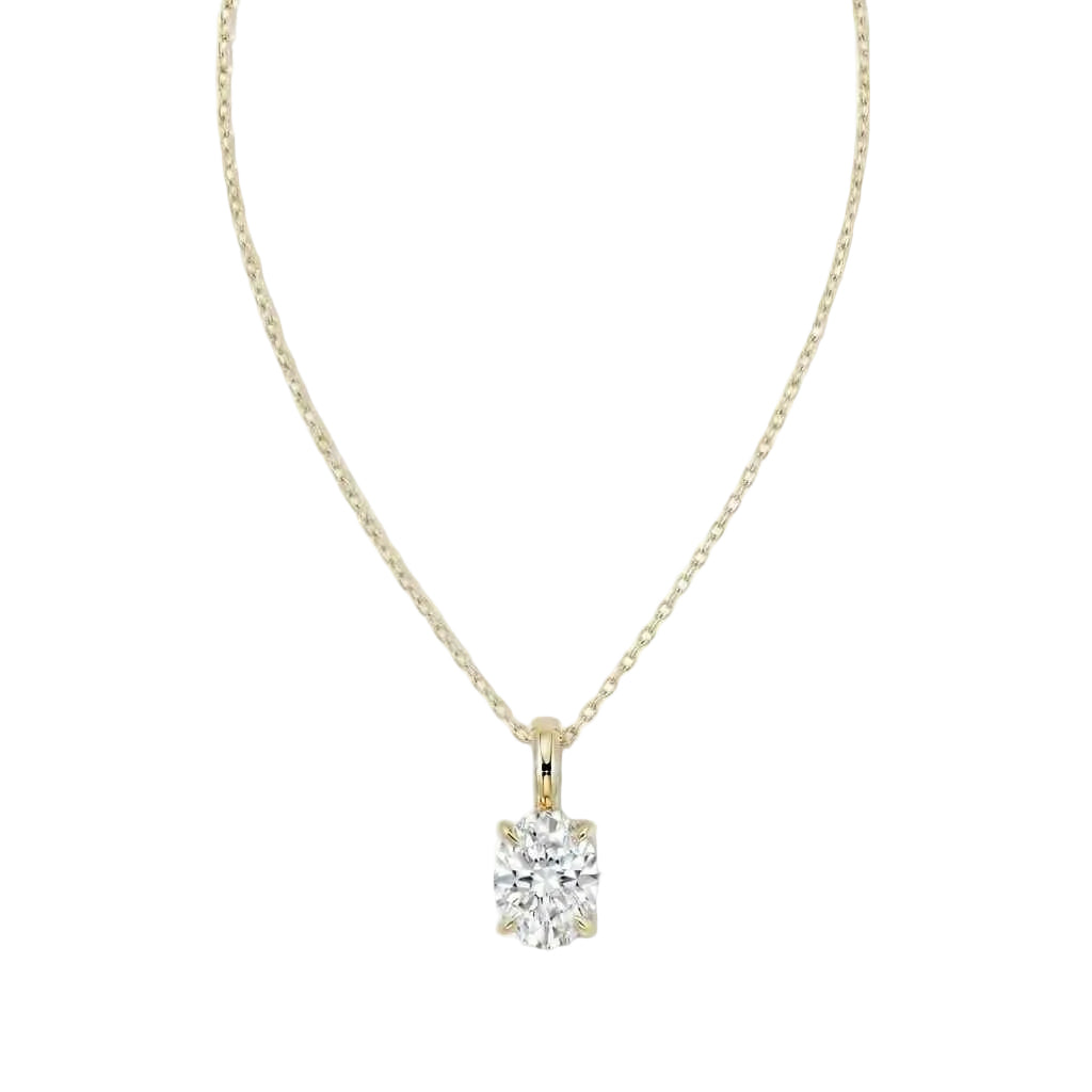 A yellow gold necklace with a single solitaire oval diamond pendant, displayed against a solid white background.