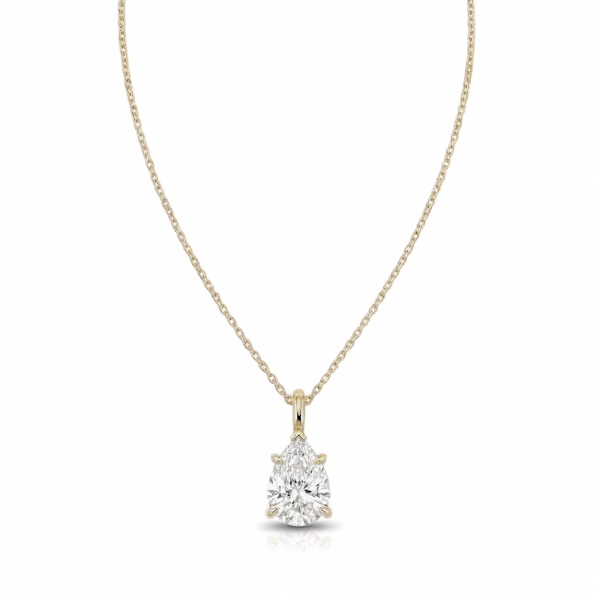 18k white gold solitaire pendant necklace featuring a 2.00 carat pear lab diamond on white background.